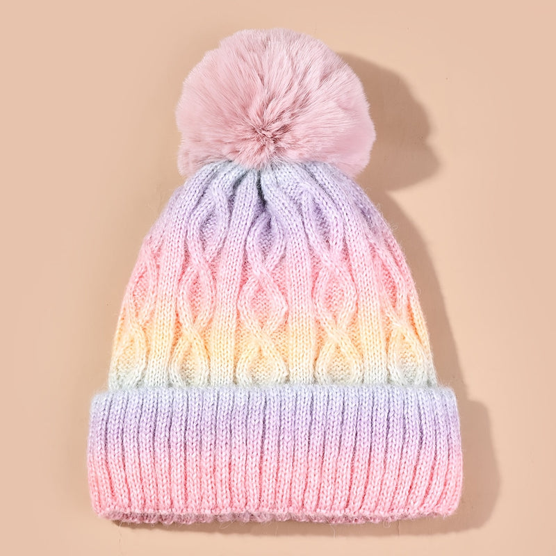 Lana Rainbow Beanie for Girls - Knitted Hat with Pom Pom and Thick Material for Winter