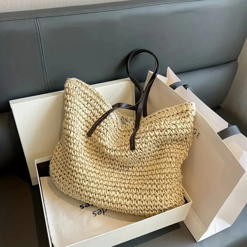Women’s Large Woven Shopper Tote Bag with Magnetic Closure