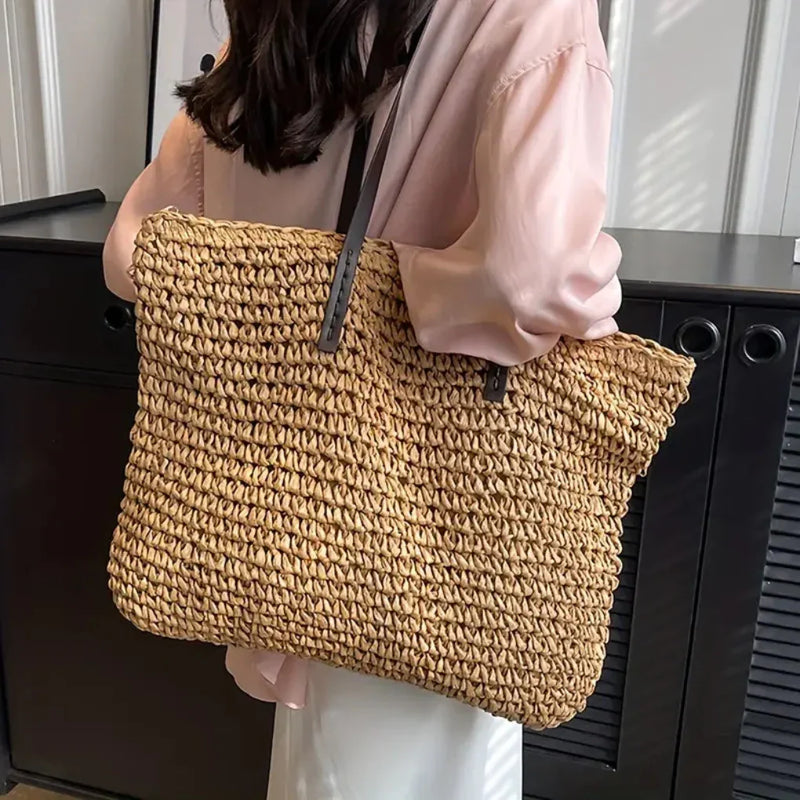 Women’s Large Woven Shopper Tote Bag with Magnetic Closure