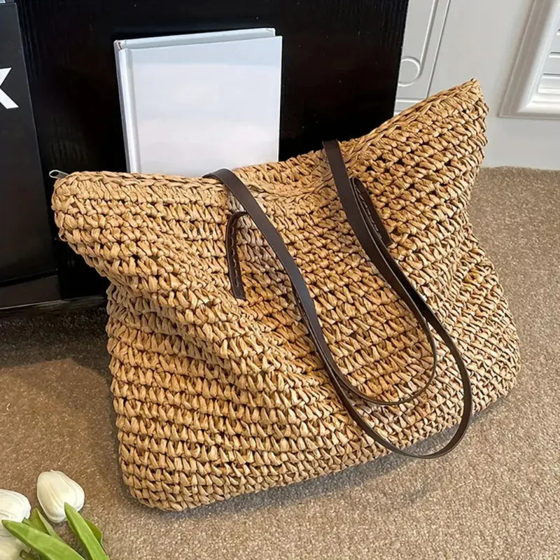 Women’s Large Woven Shopper Tote Bag with Magnetic Closure