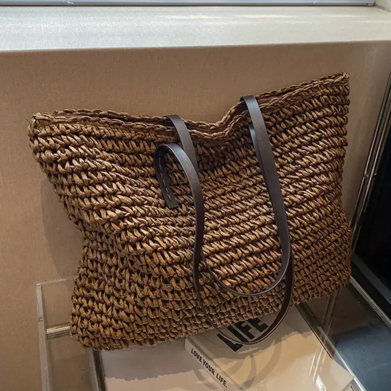 Women’s Large Woven Shopper Tote Bag with Magnetic Closure