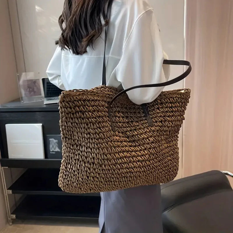 Women’s Large Woven Shopper Tote Bag with Magnetic Closure