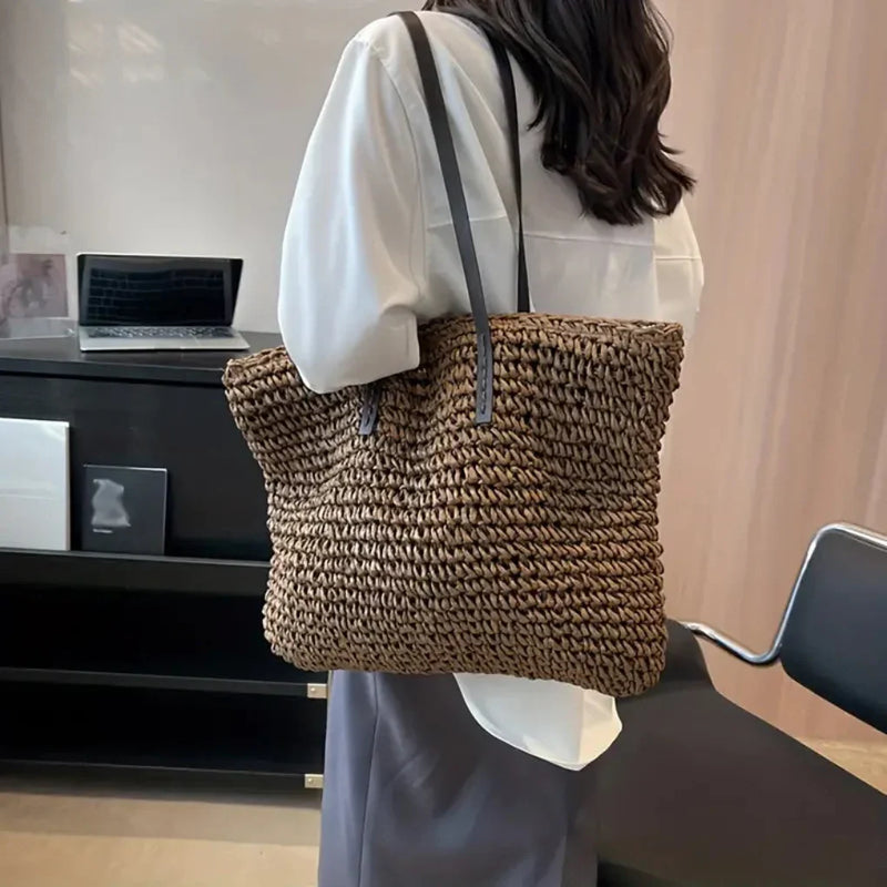 Women’s Large Woven Shopper Tote Bag with Magnetic Closure