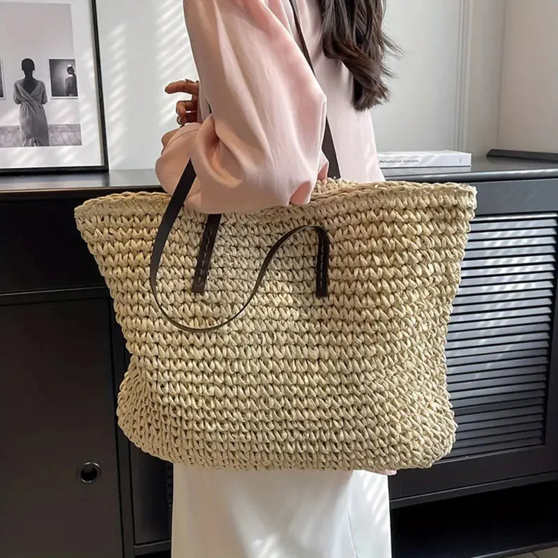 Women’s Large Woven Shopper Tote Bag with Magnetic Closure