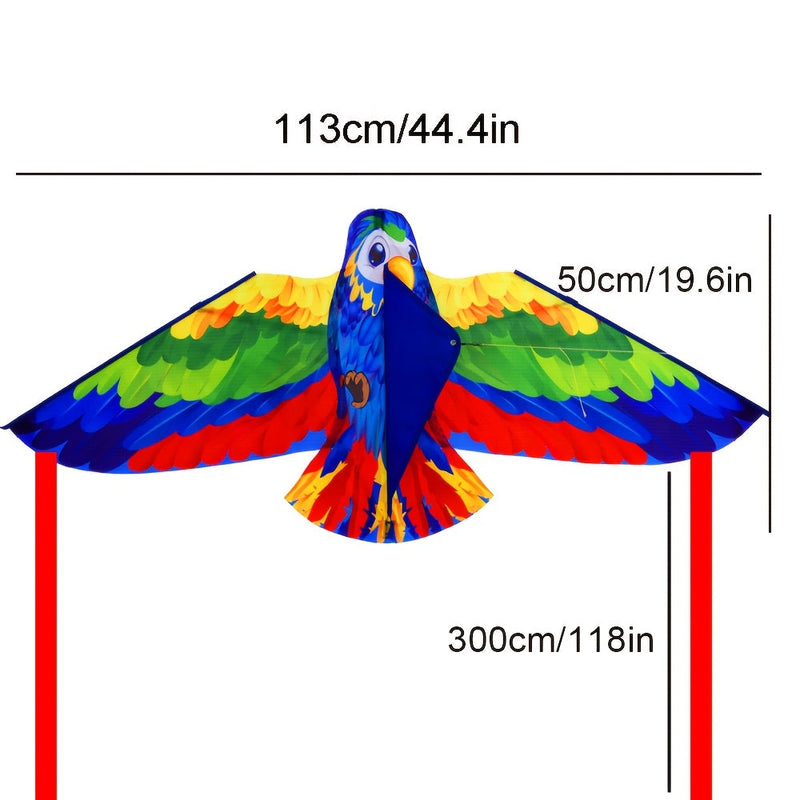 Parrot Kite with Large Colourful Wings and Long Tail Ribbons