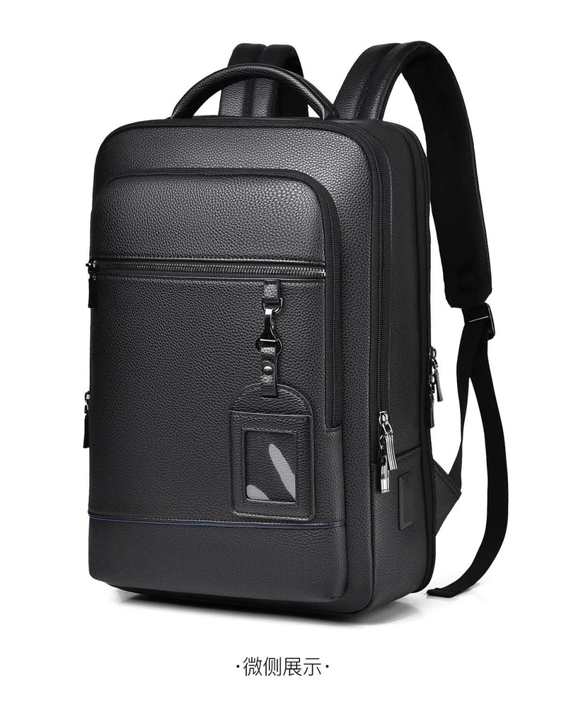 Unisex PU Leather Laptop Backpack with USB Charging Port for Everyday Travel