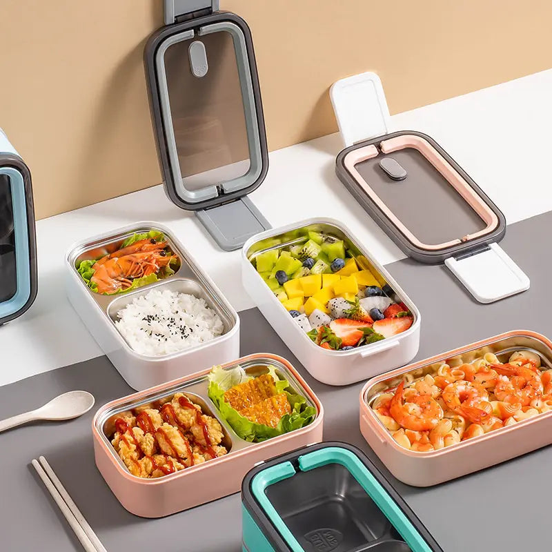 Two-Tier Stainless Steel Bento Lunch Box with Divided Trays