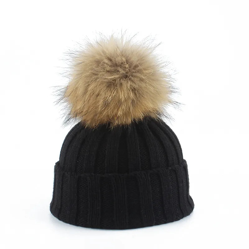 Knitted Ribbed Beanie with Faux-Fur Pom-Pom