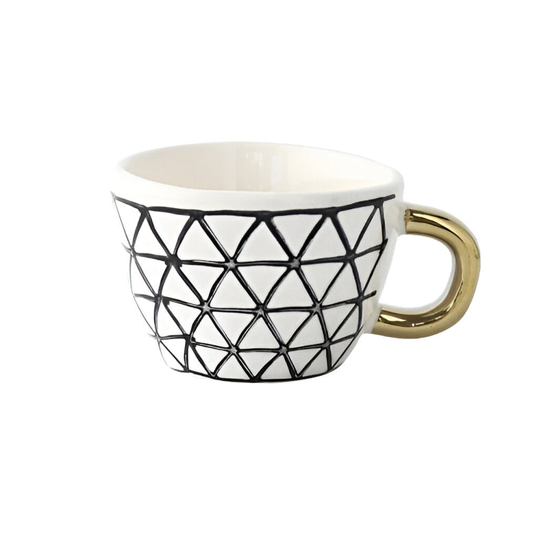 Geometric Ceramic Mug with Gold-Tone Handle for Coffee, Tea and Espresso