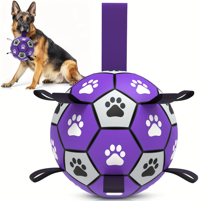 Rubber dog play ball with handles for indoor and outdoor use