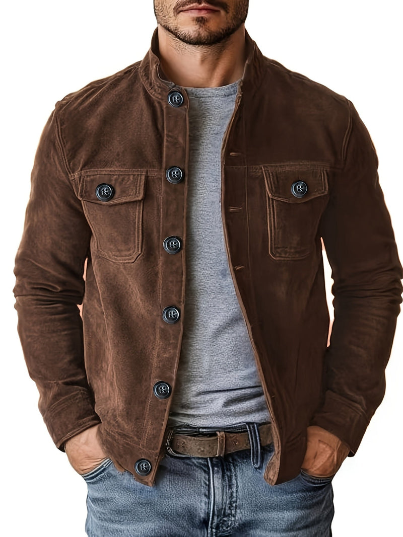 Men's Casual Jacket with Buttons and Stand-Up Collar – Vintage Work Jacket for Spring and Autumn