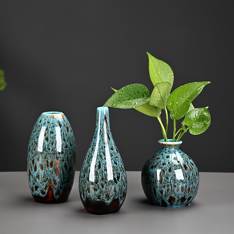 Set of Three Ceramic Mini Vases with Blue Glazed Texture