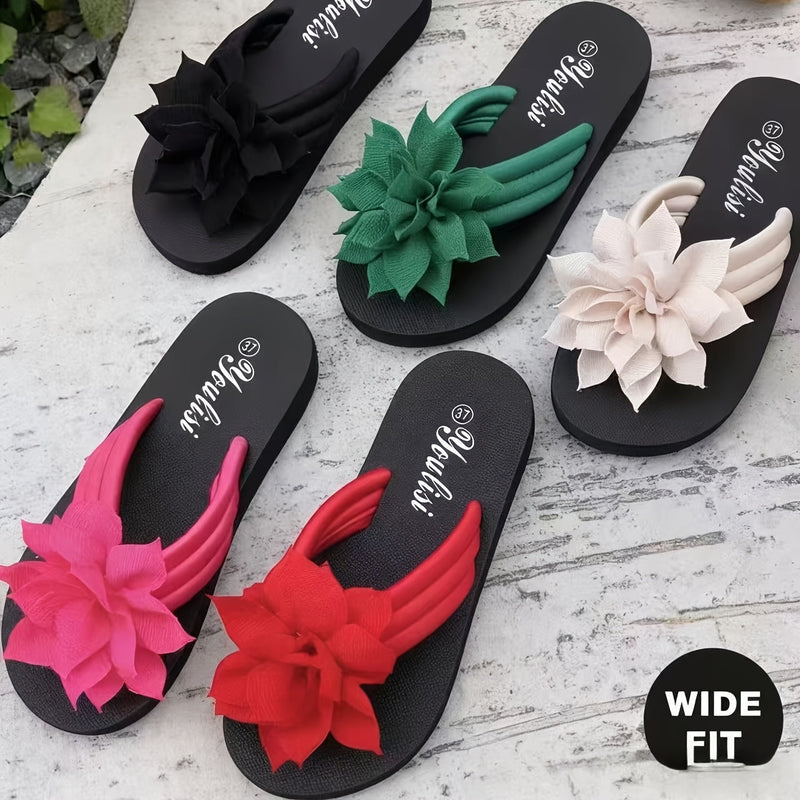 Ladies' Flip Flops with Platform Sole and Flower Detail Wide Fit