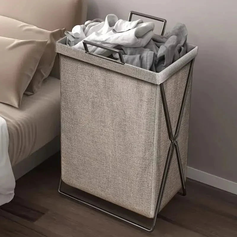 Foldable Laundry Basket with Metal Frame and Woven Fabric Storage Bag