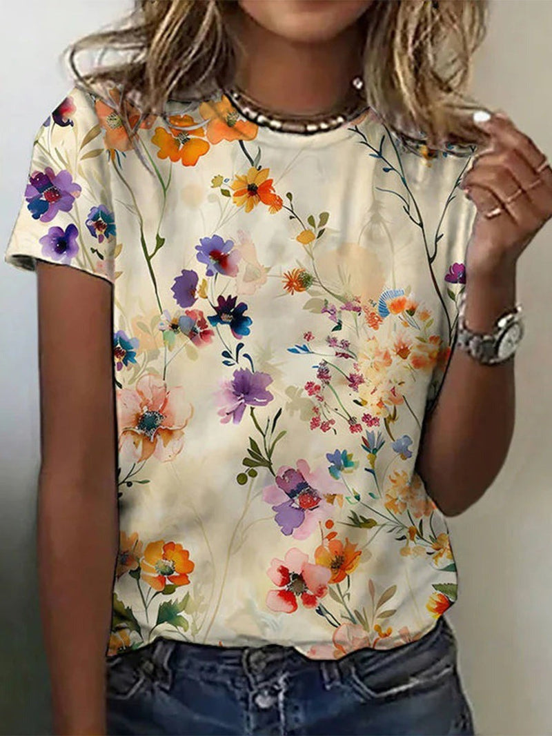 Ladies' T-shirt with Floral Pattern and Comfortable Stretch for Everyday Use