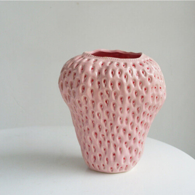 Textured Strawberry Ceramic Vase for Flowers and Table Displays