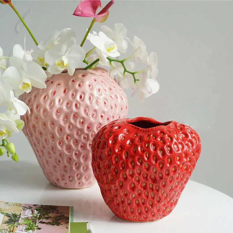 Textured Strawberry Ceramic Vase for Flowers and Table Displays