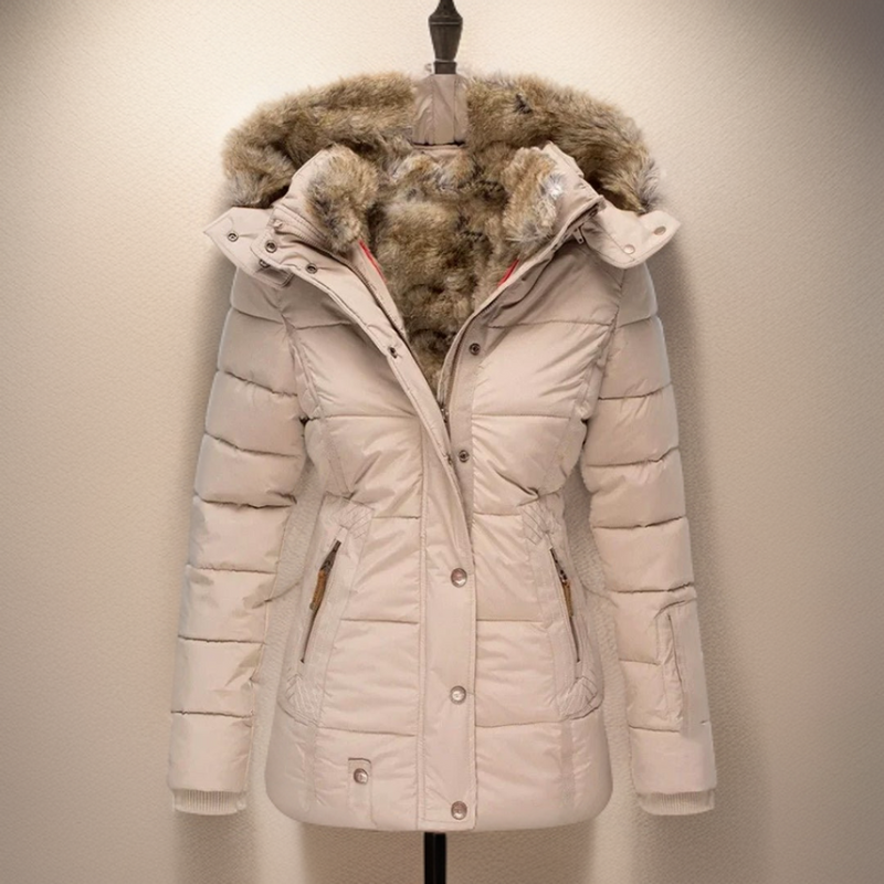 Quilted Winter Coat for Women with Faux Fur Trim and Plush Lining