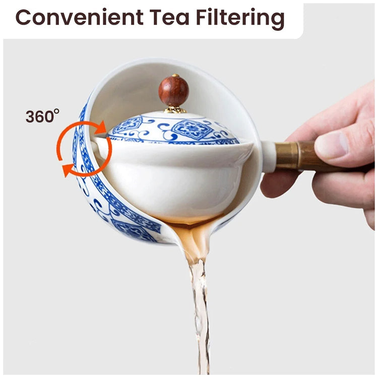 Porcelain Gongfu Tea Set with Wooden Side Handle & Fitted Lid