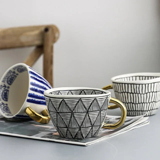 Geometric Ceramic Mug with Gold-Tone Handle for Coffee, Tea and Espresso