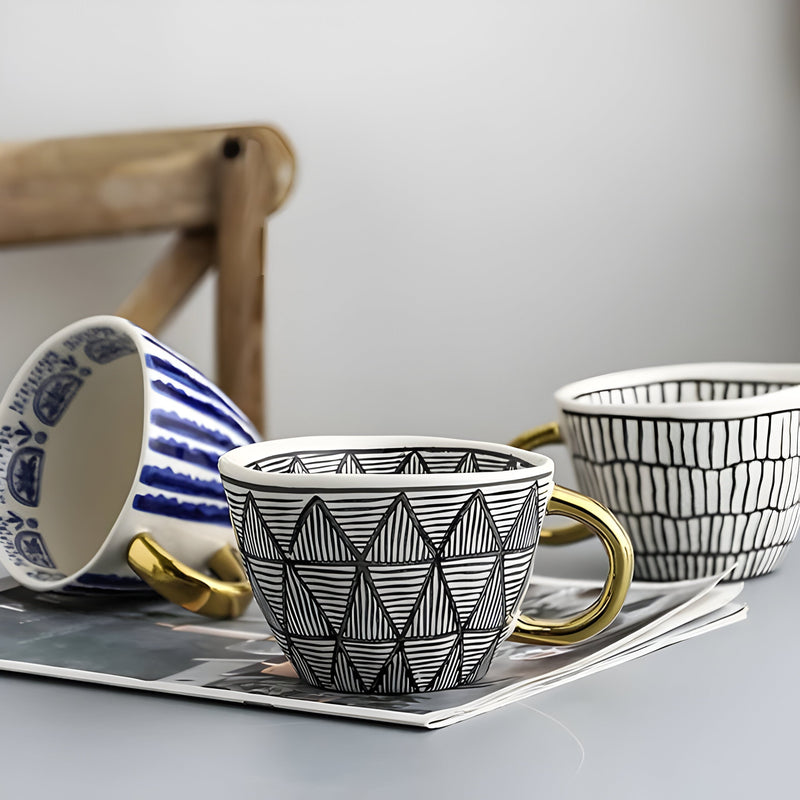 Geometric Ceramic Mug with Gold-Tone Handle for Coffee, Tea and Espresso