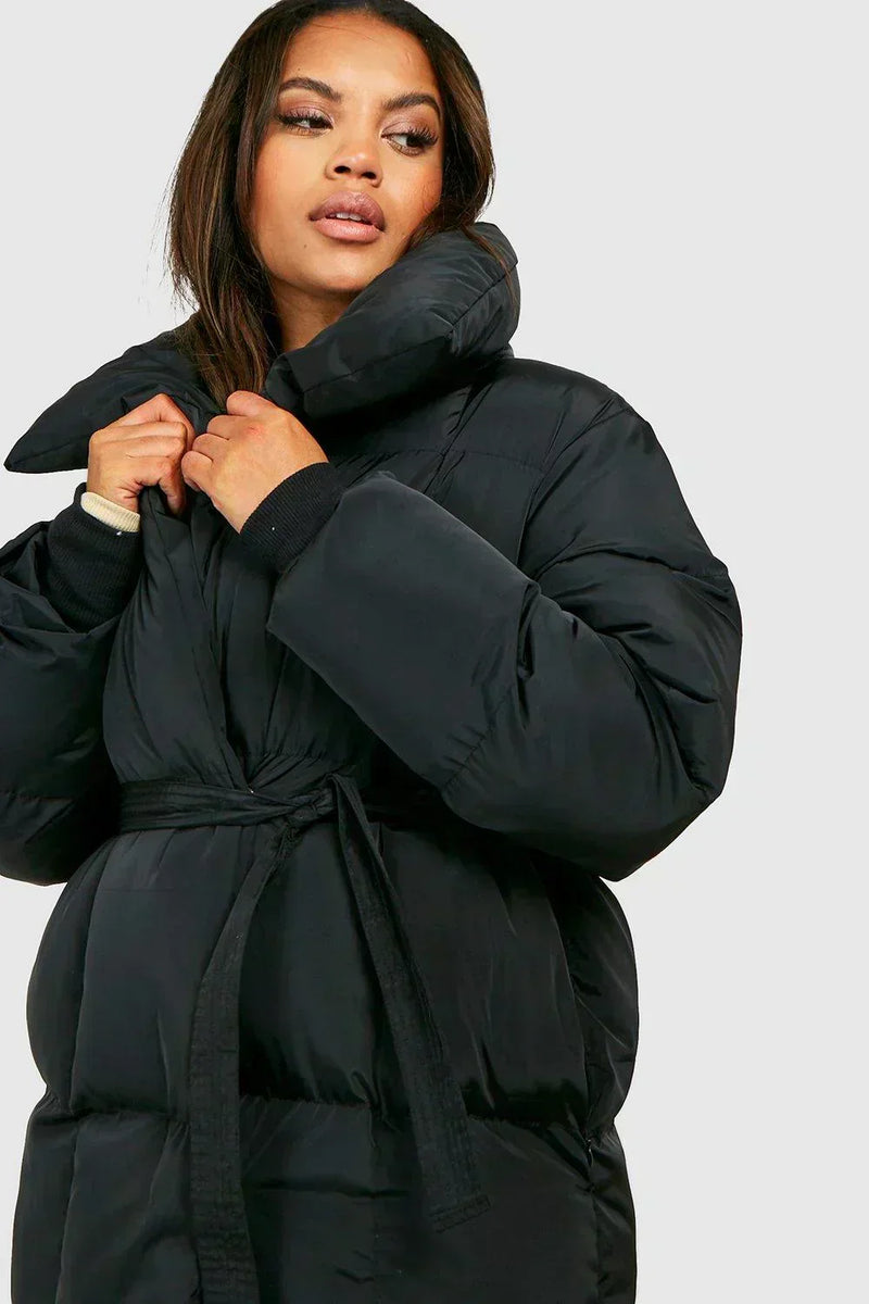 Ladies Padded Winter Jacket with Belt and Stand-Up Collar – Warm and Stylish