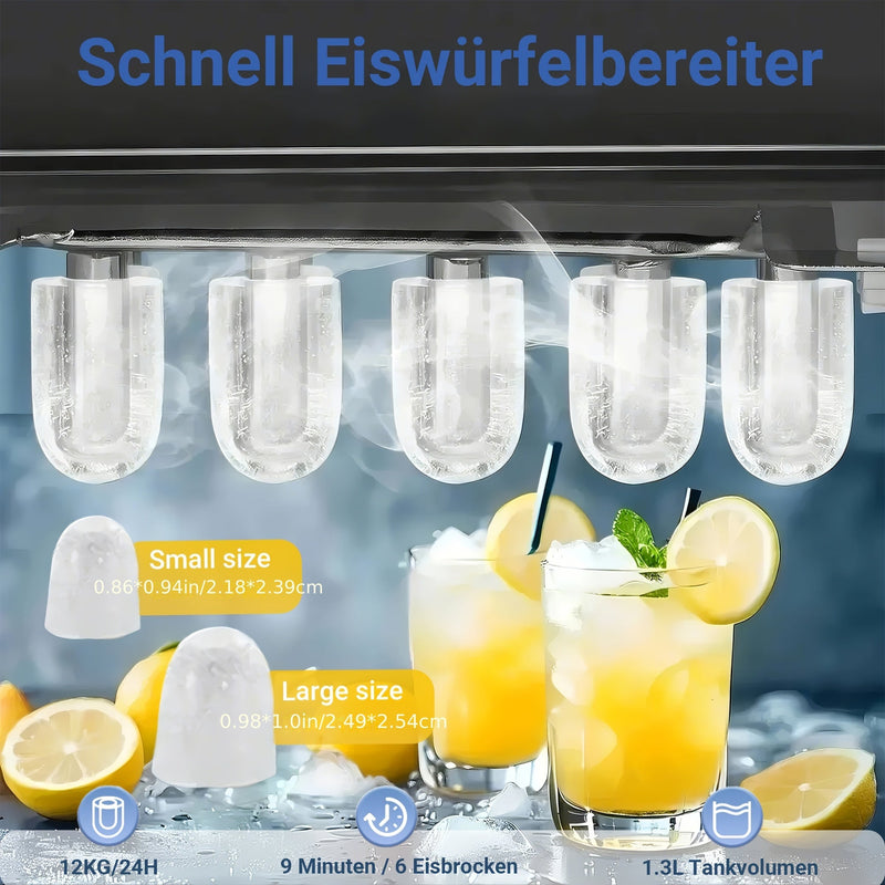 Compact Ice Cube Maker with Two Ice Cube Sizes and Quick Production