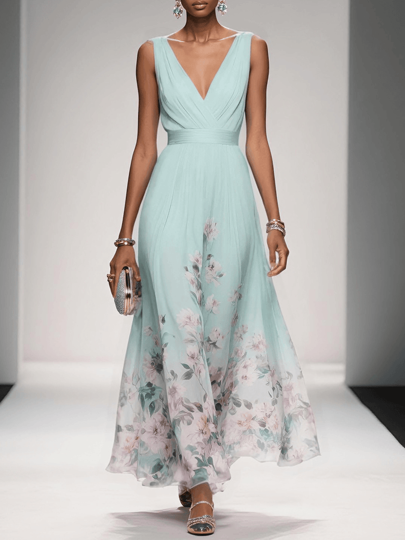 Ladies' Summer Dress with Floral Print and V-Neck for Weddings