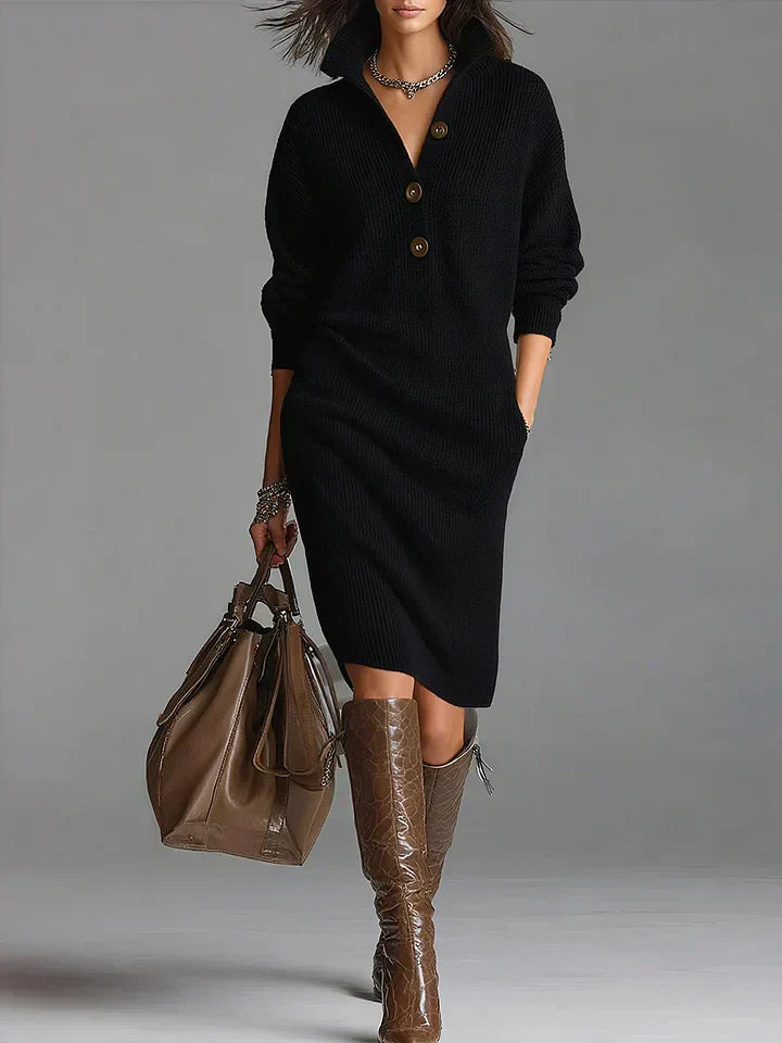 Ladies' Midi Dress with Buttons and Ribbed Texture