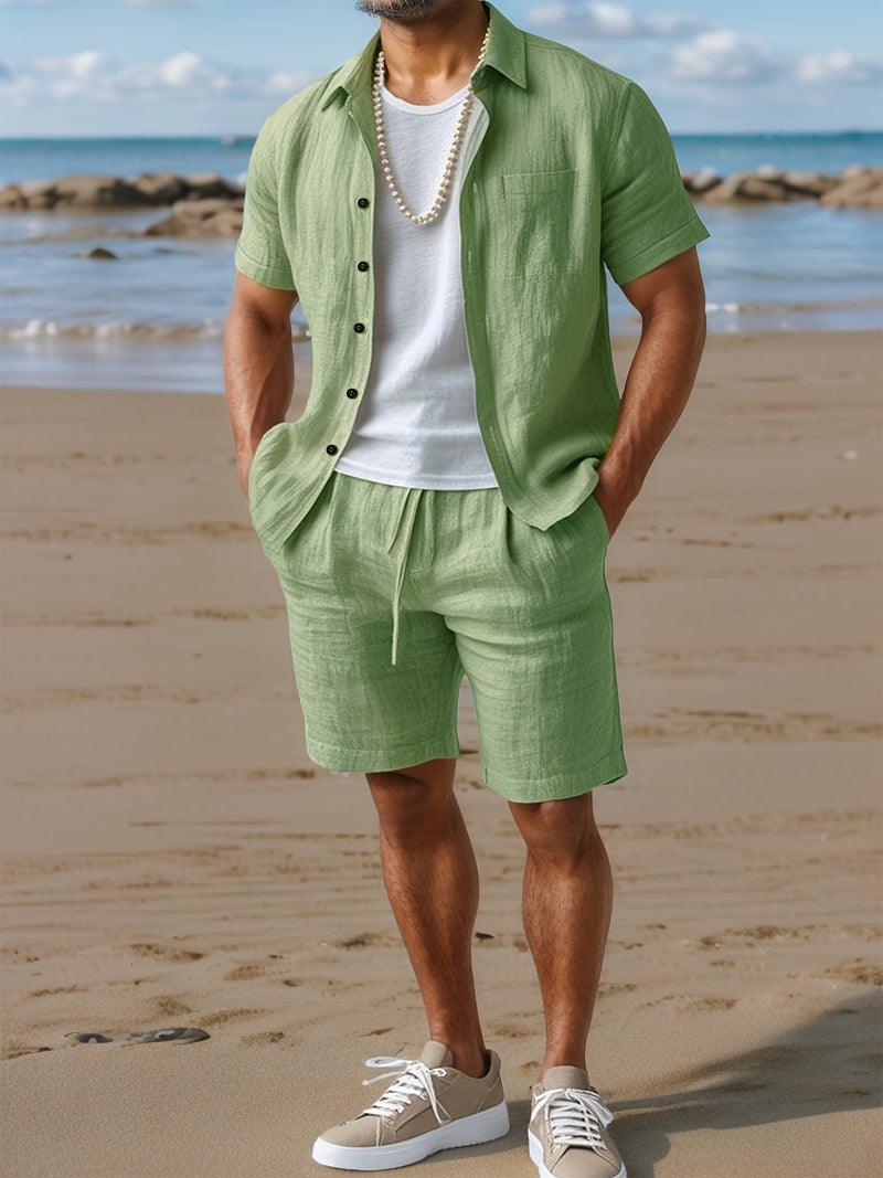 Linen Summer Set for Men with Short Sleeve Shirt and Comfortable Shorts