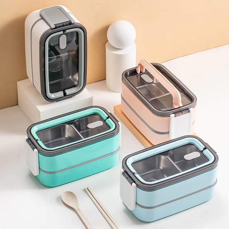 Two-Tier Stainless Steel Bento Lunch Box with Divided Trays