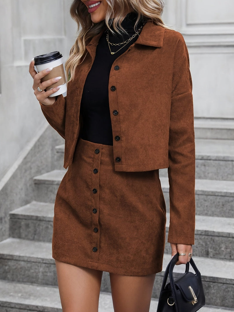 Elegant Corduroy Women's Set with Jacket and Skirt – Stylish for Spring & Autumn