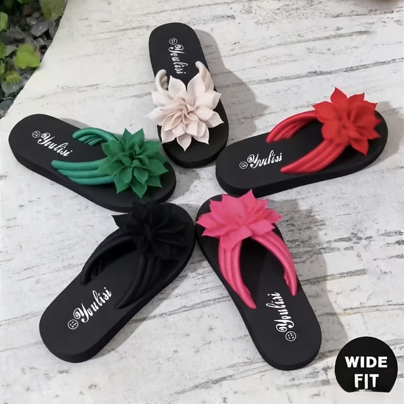 Ladies' Flip Flops with Platform Sole and Flower Detail Wide Fit