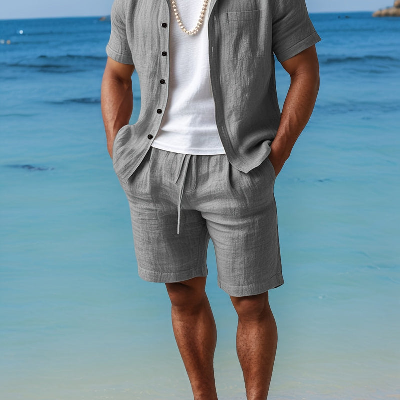 Linen Summer Set for Men with Short Sleeve Shirt and Comfortable Shorts