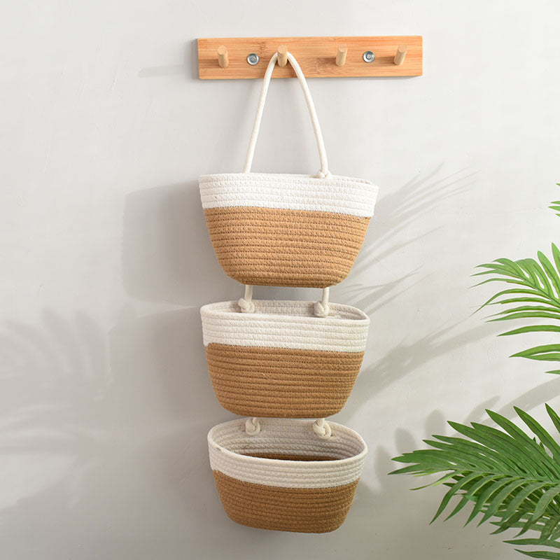 Three-Tier Woven Cotton Hanging Baskets for Wall Storage