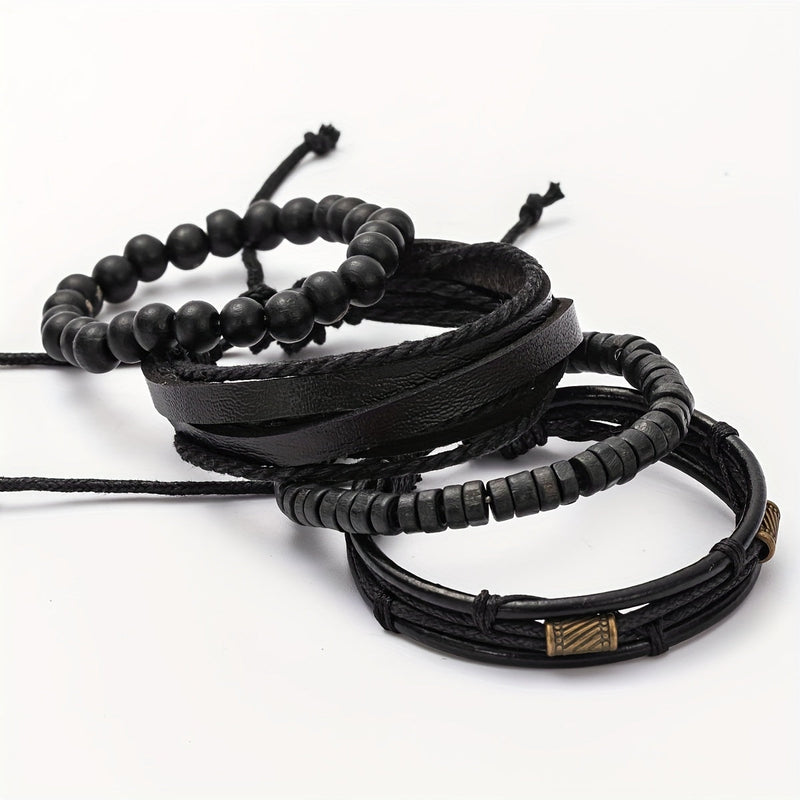 Stylish Leather and Wooden Bracelets Set - For the Modern Man