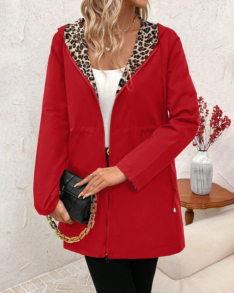 Ladies Reversible Jacket with Leopard Print and Hood for Casual Style