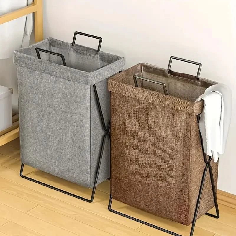 Foldable Laundry Basket with Metal Frame and Woven Fabric Storage Bag