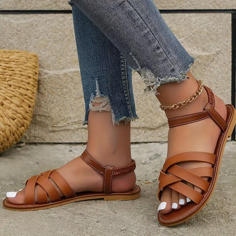 Elegant Ladies' Sandals with Crossed Straps and Comfortable Flat Sole