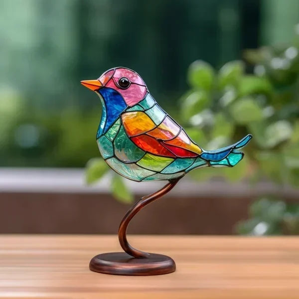 Modern bird table sculpture with coloured glass and decorative art design