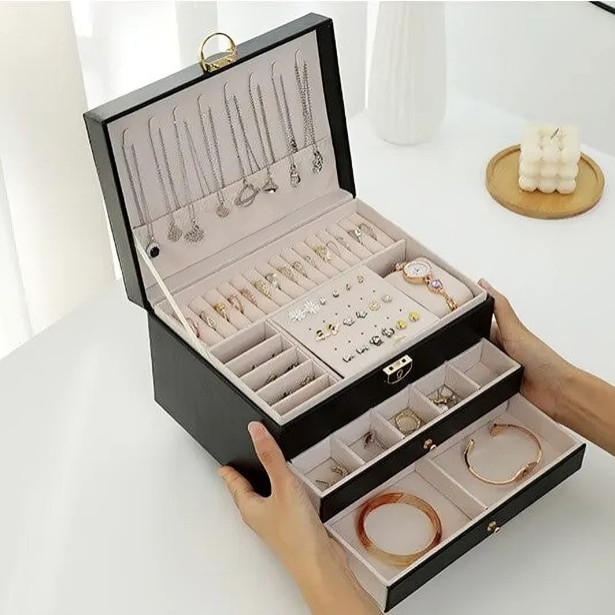 Luxury Multi-Layer Jewellery Organiser – Compact Storage Box with Drawers and Lock
