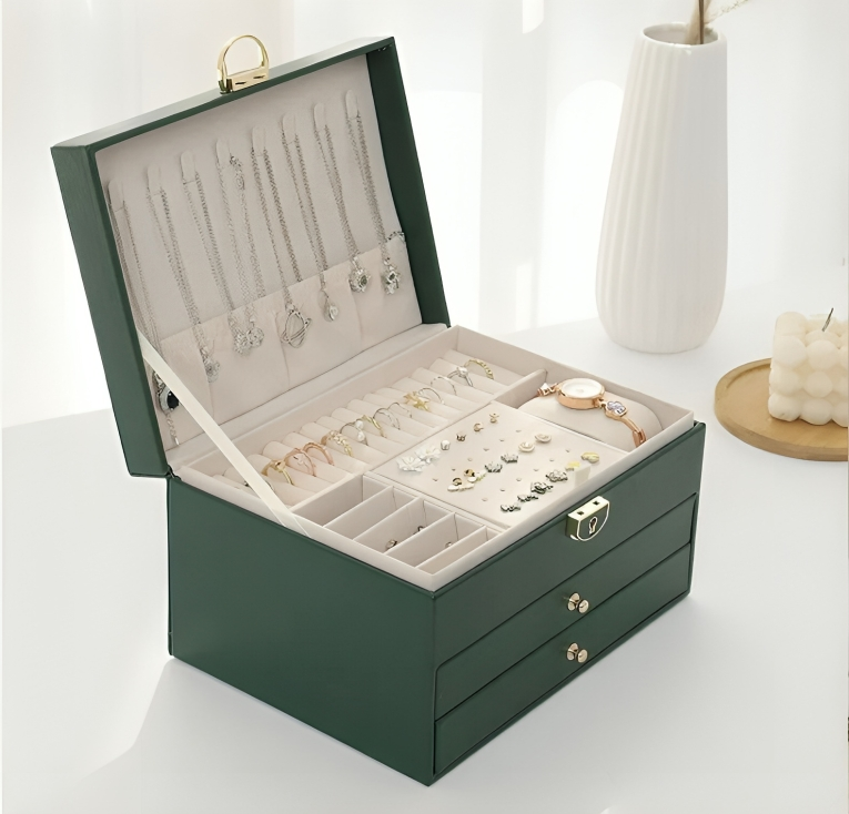 Luxury Multi-Layer Jewellery Organiser – Compact Storage Box with Drawers and Lock