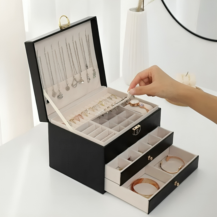 Luxury Multi-Layer Jewellery Organiser – Compact Storage Box with Drawers and Lock