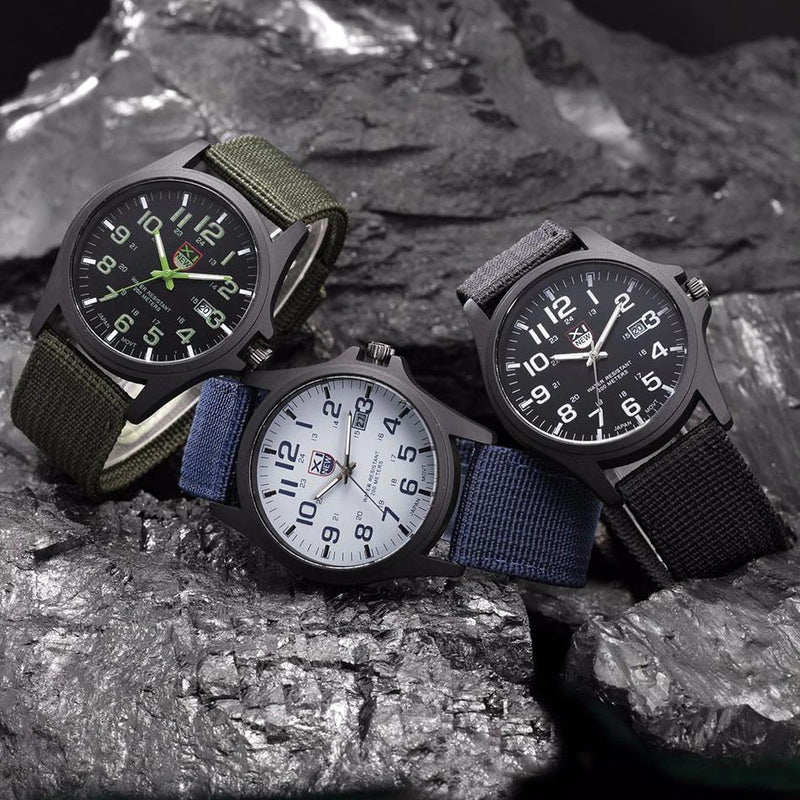 Robust Water-Resistant Men's Watch with Military Design and Date Function