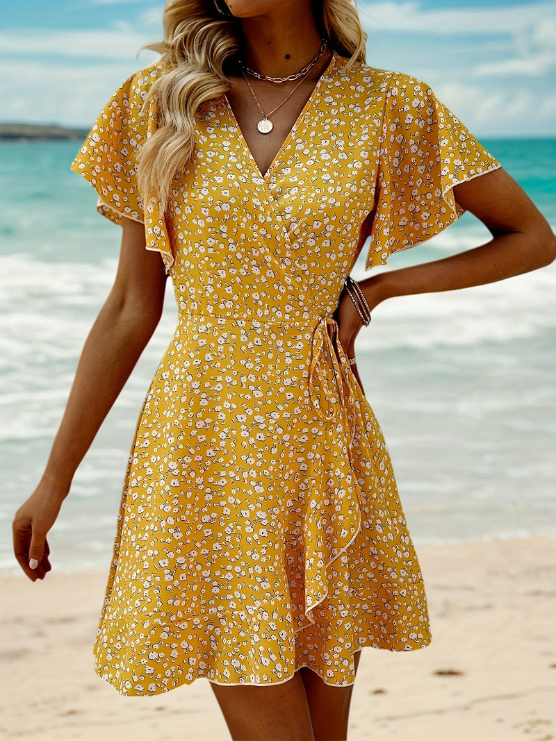 Lightweight Ladies' Summer Dress with Floral Print and Elegant Wrap Design