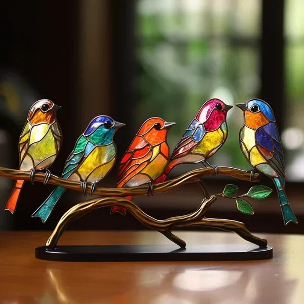 Modern bird table sculpture with coloured glass and decorative art design