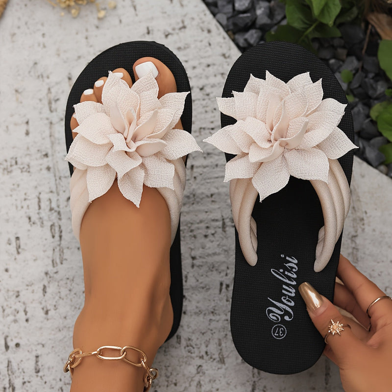Ladies' Flip Flops with Platform Sole and Flower Detail Wide Fit