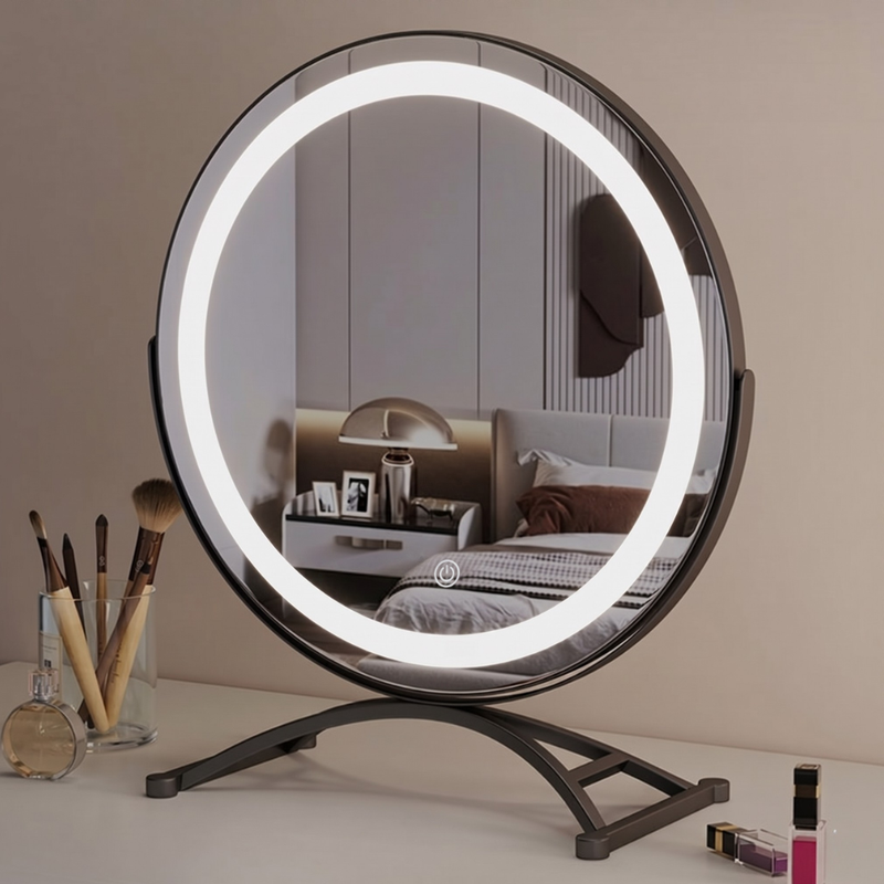 Round LED Make-Up Mirror with Touch Dimming and Rotating Metal Stand