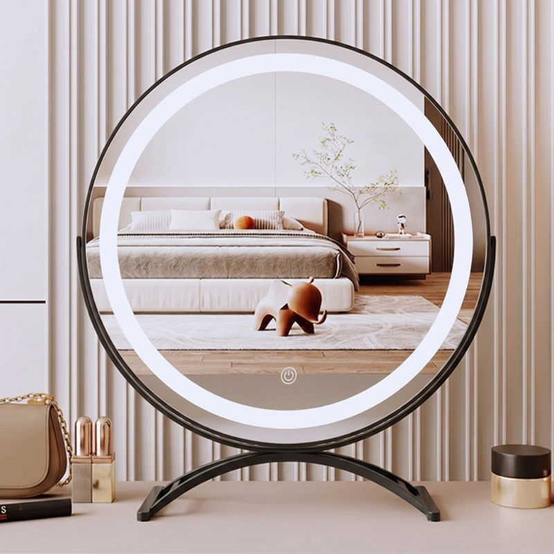 Round LED Make-Up Mirror with Touch Dimming and Rotating Metal Stand