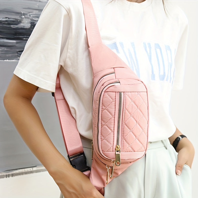 Lightweight Bum Bag for Women with Quilted Check Pattern and Double Zipper